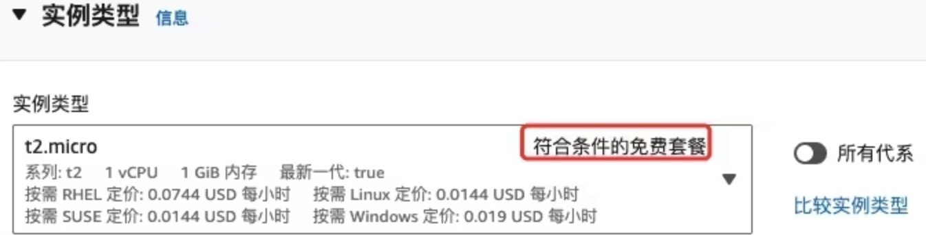 实例类型也需要选带免费套餐字样的，避免扣费（坑②）